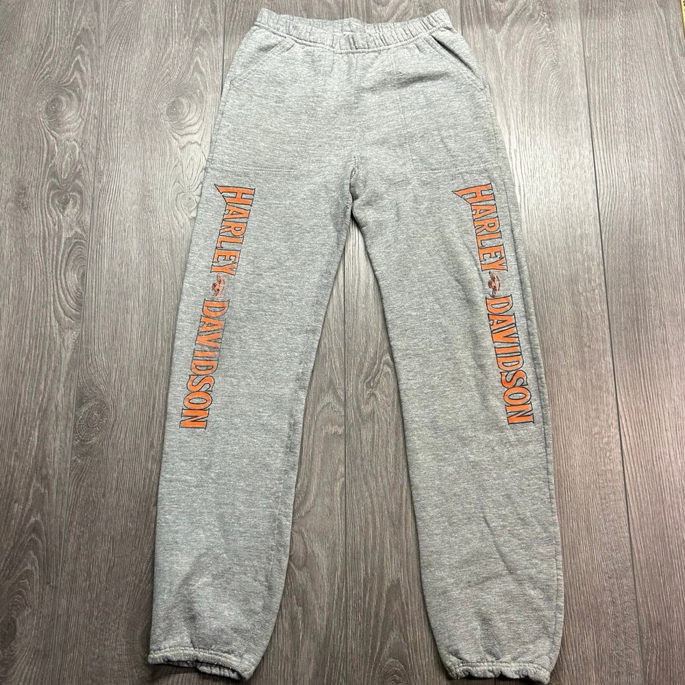 Vintage 1980s Harley Davidson Sweatpants Gray Orange Graphic Joggers Mens Small